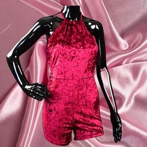 WOMEN’S RED FOX VELVET HALTER ROMPER-BURGUNDY